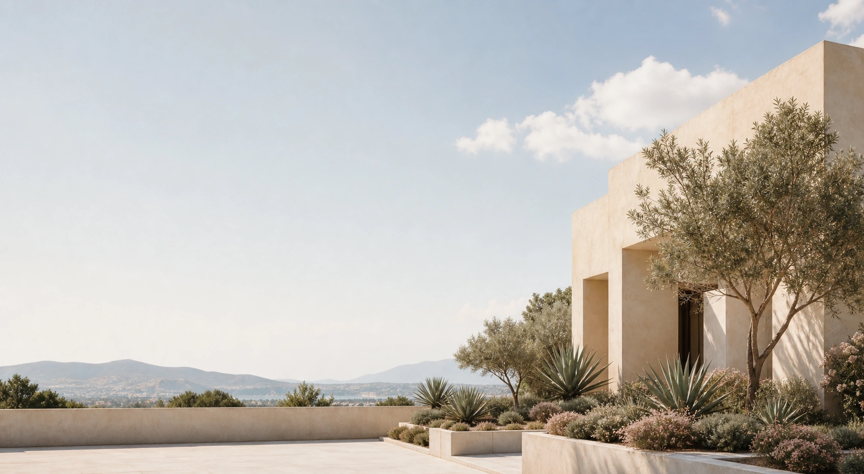 Open civic courtyard with off-white architecture, calm sky, sparse planting, and generous negative space