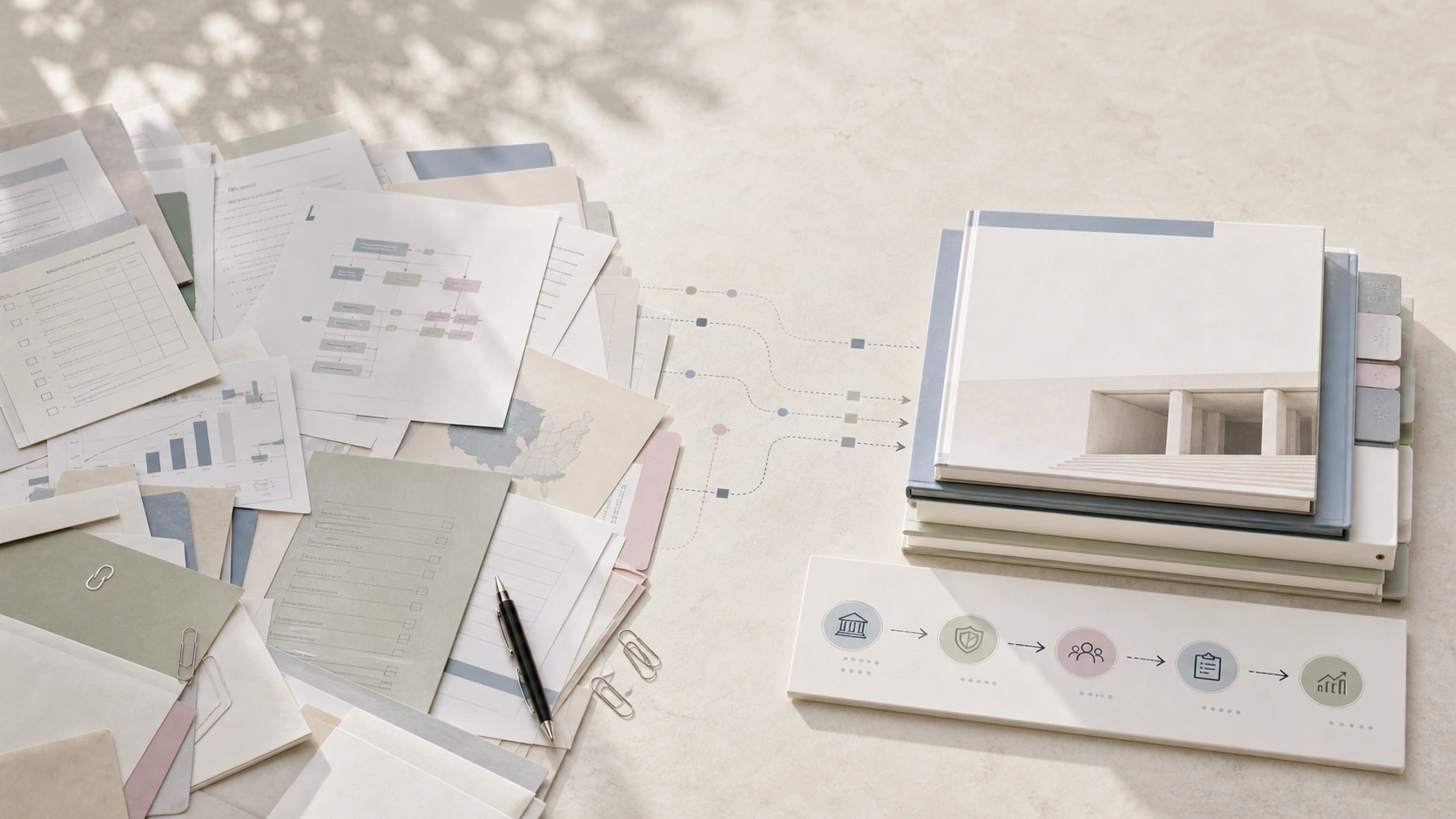 Policy documents, colored tabs, and readiness diagrams arranged on a pale institutional desk
