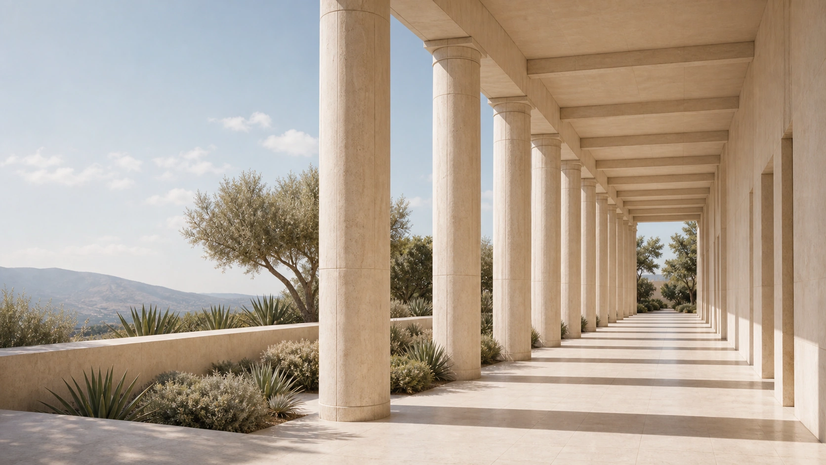 Long off-white colonnade with open sky and desert planting suggesting an implementation pathway
