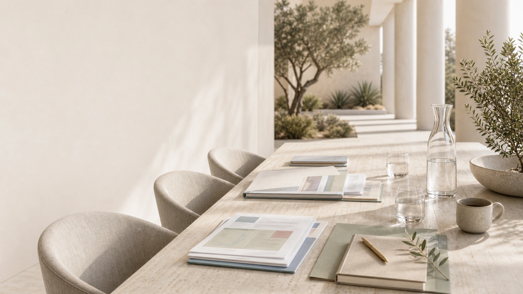 Quiet policy convening table with briefing materials, glassware, and an institutional courtyard beyond
