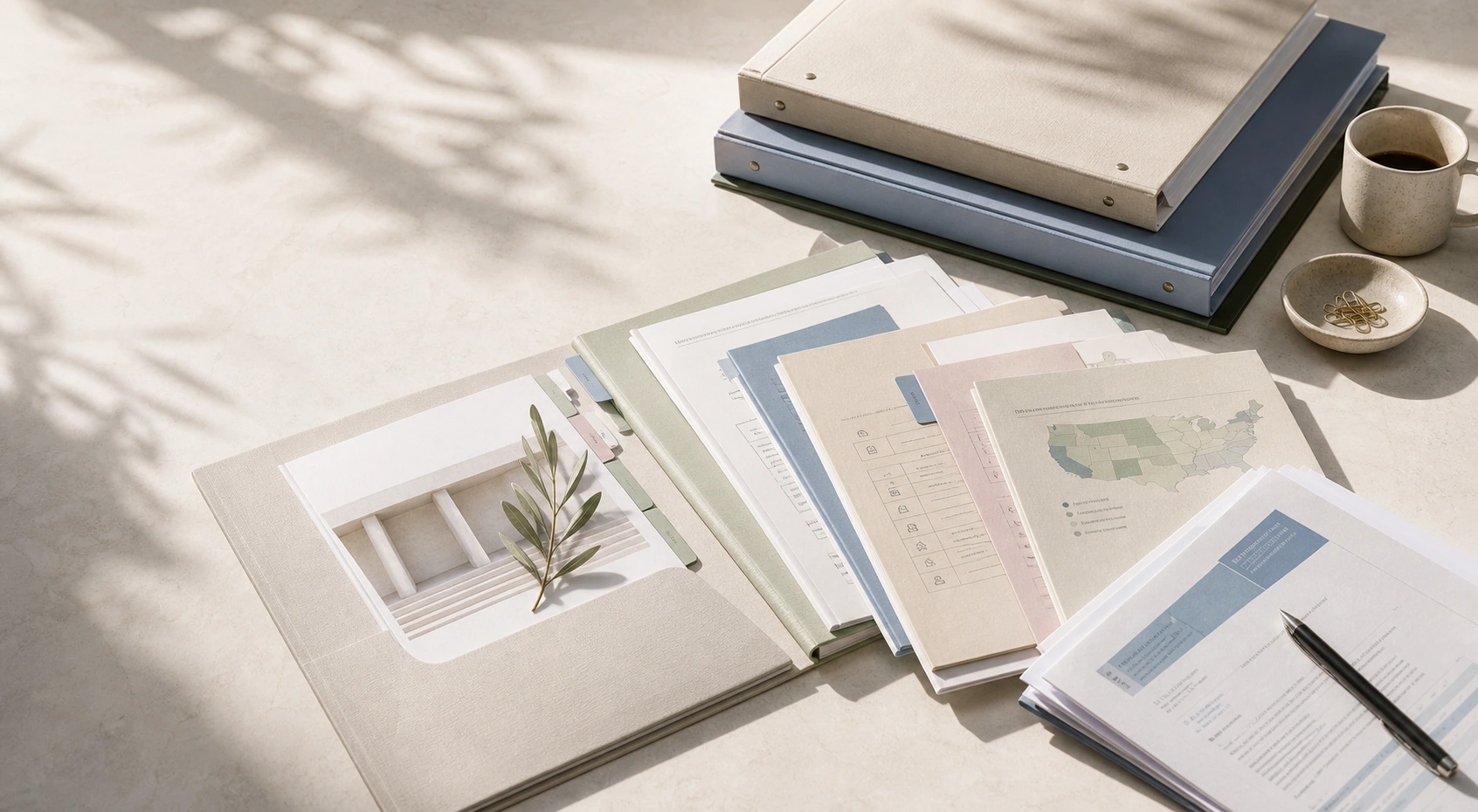 Policy documents, binders, colored tabs, and research notes arranged in soft natural light