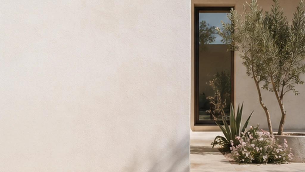 Quiet stucco threshold with a window, olive tree, and generous off-white wall space